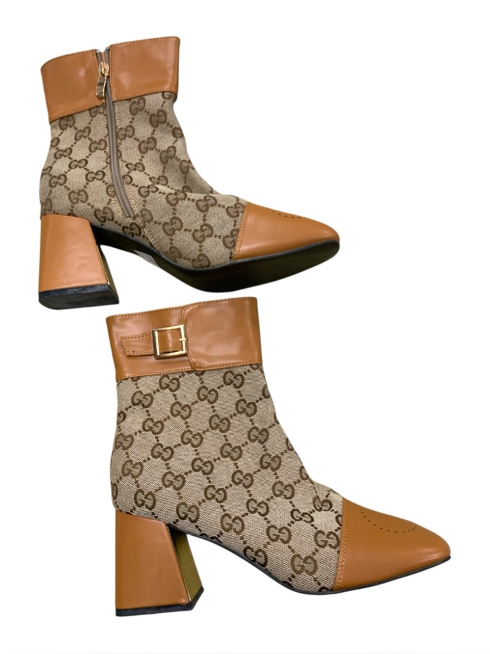 Tan Leather & Beige  Block Heel Ankle Boots S9.5